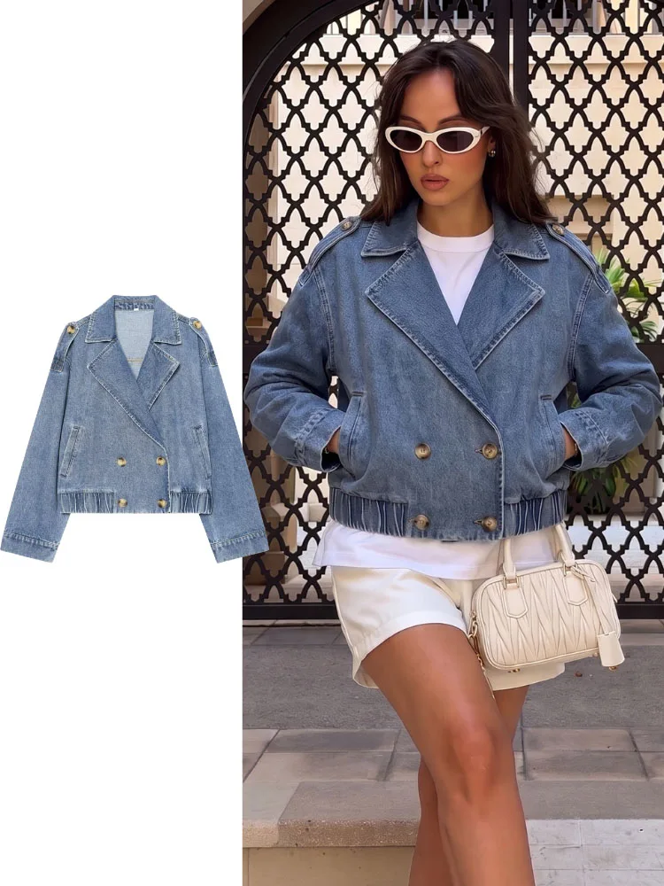 

HH Women Summer Elegant Denim Jacket Long Sleeve Lapel Collar Double Breasted For Holiday Dinner Date Party Vacation Travel Wear