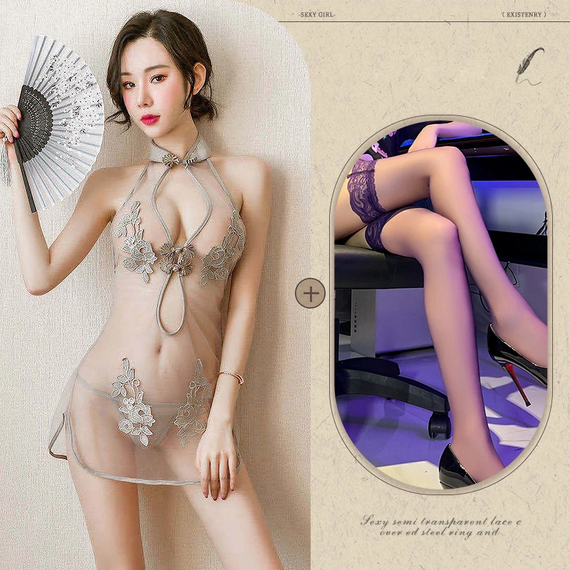 Sexy underwear sexy lace slit uniform net classic embroidery cheongsam transparent one-piece skirt sexy