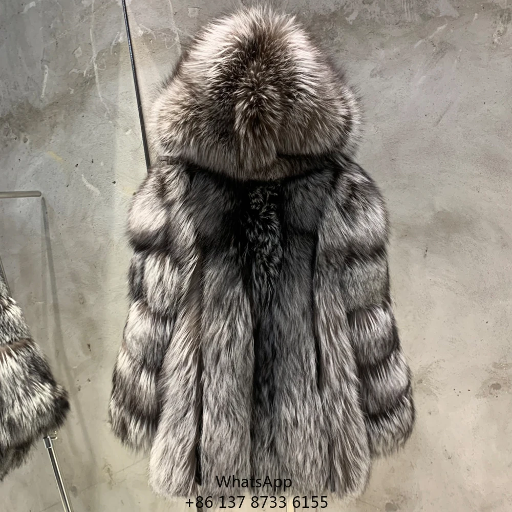 Winter Warm Silver Fox Fur Jackets Coats Luxury Natural Women Hood Fox Fur Coats