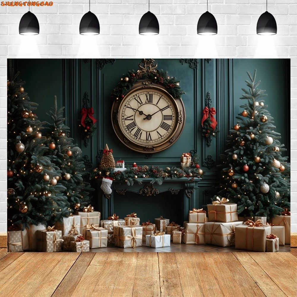 Green Christmas Clock Backdrop Xmas Tree Gifts Baby Kids Portrait Family New Year Party Photography Background Decor Photostudio