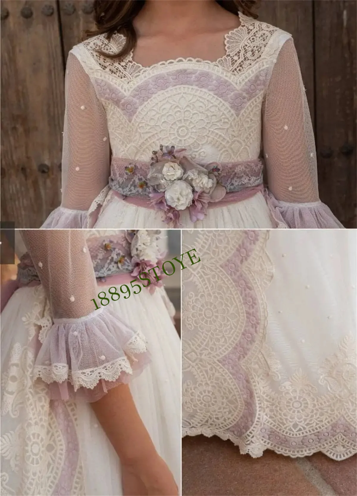 CusCommunion Dress Girl with Half Sleeved Long Steam Skirt Square Neckline Elegant Retro Pattern Embroidery Bow Minibride