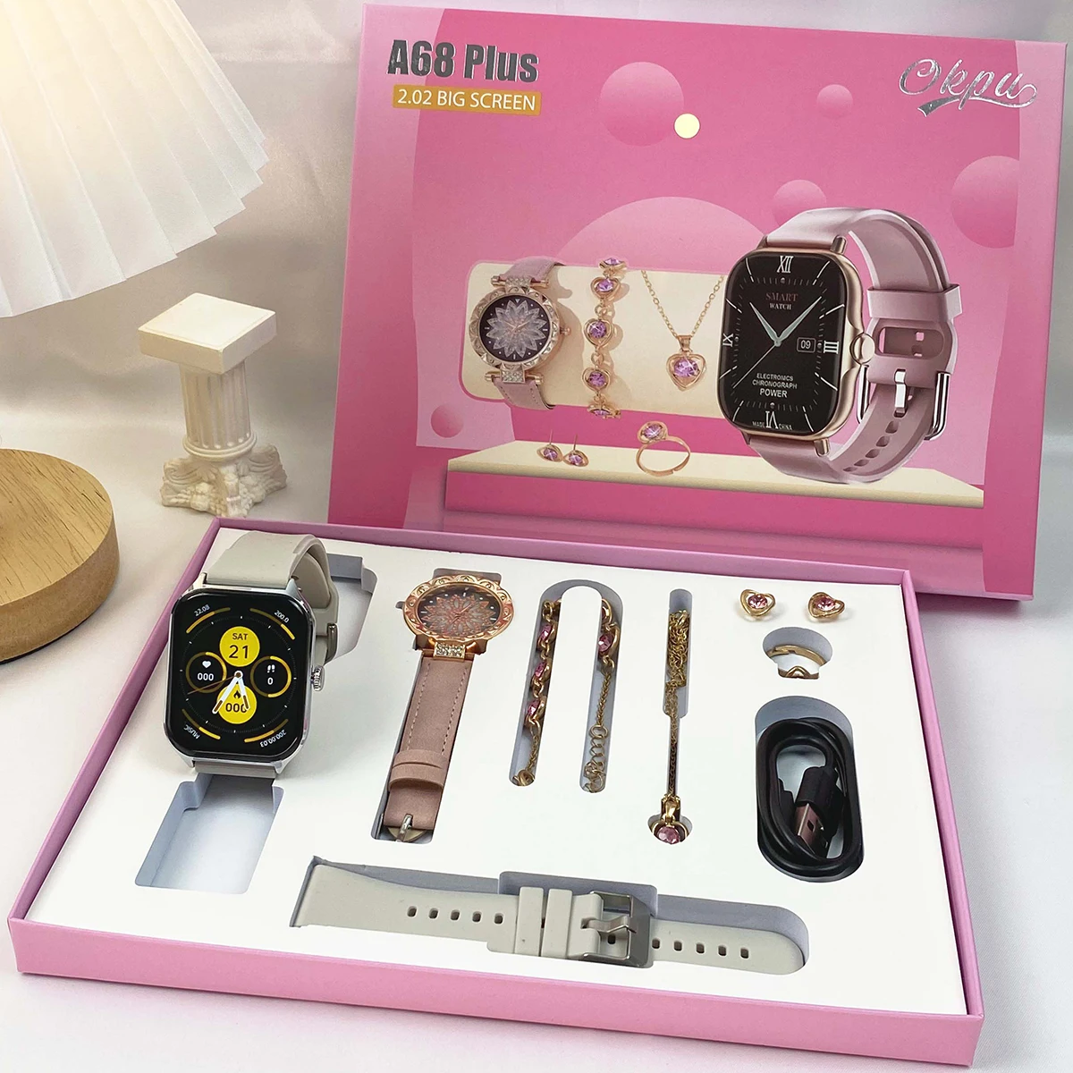 Fashion Smart Watch Gift Box Set + Diamond Quartz Watch + Necklace + Earrings + Ring + Bracelet