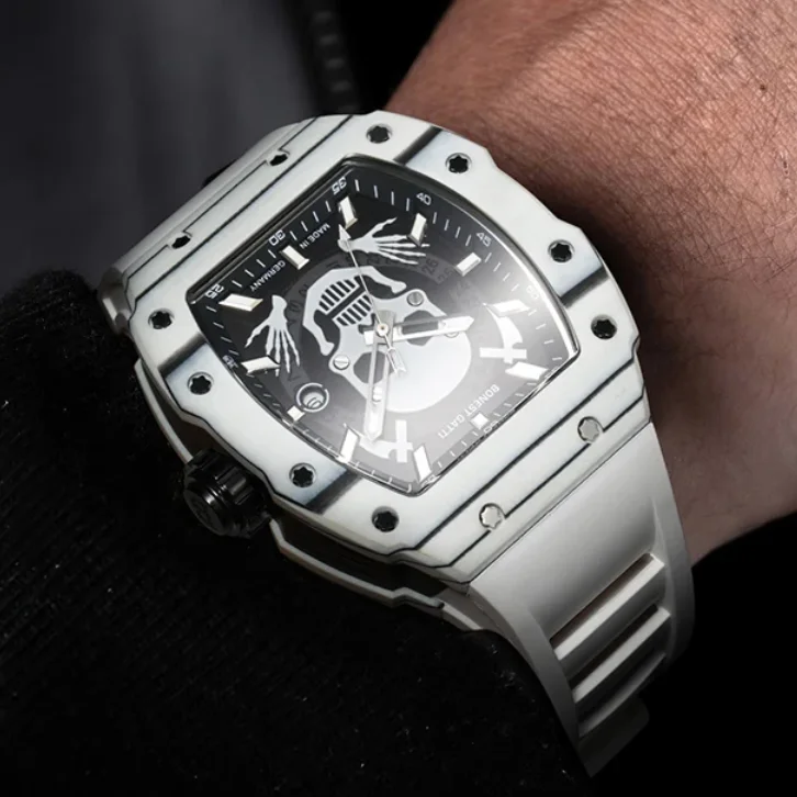 

BONEST GATTI Men Automatic Watch 44mm Tonneau Mechanical Wristwatch Carbon Fiber 5ATM Luminous Skull Dial Fluororubber Strap