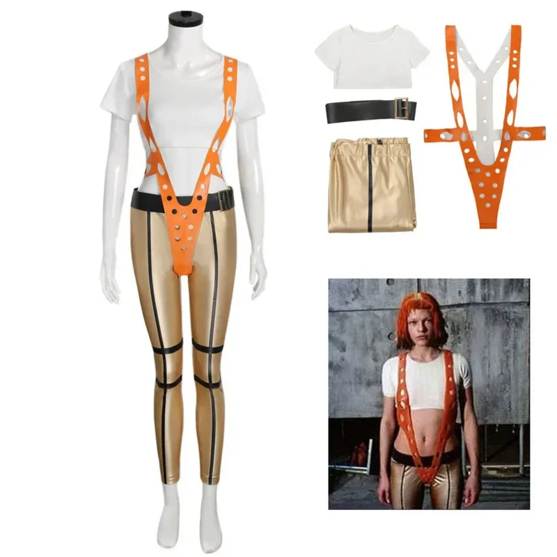 زي فيلم Leeloo The Fifth Element للنساء، بلوزات وسراويل بحزام برتقالي، أزياء حفلات الهالوين للفتيات الغريبة