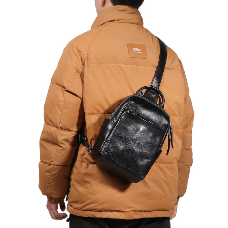 Genuine Leather Men's Chest Bag Casual Crossbody Bag Top Layer Cowhide Men's Sling Bag Trendy 7.9'' Ipad Sling Backpack Purses