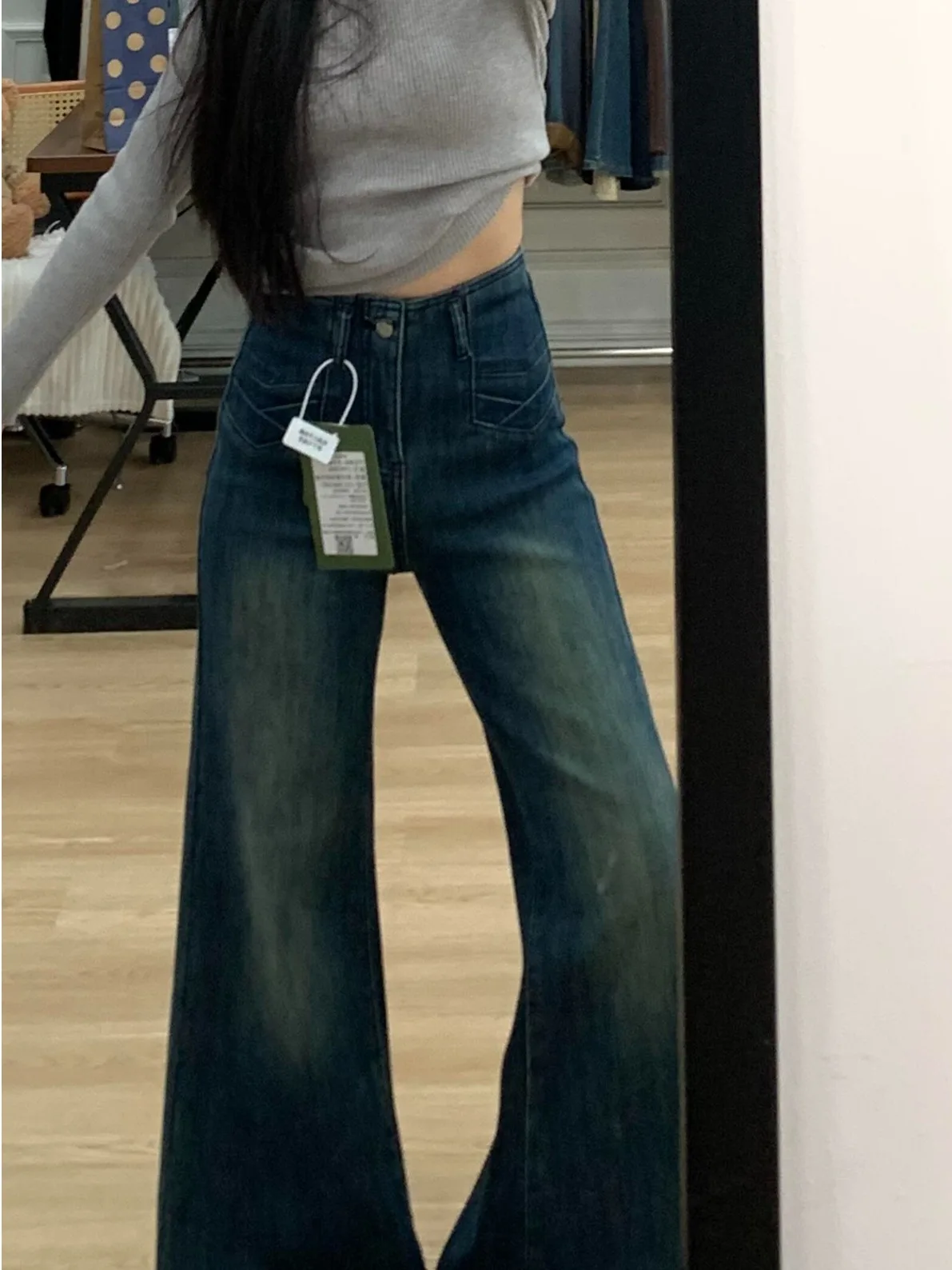 

Американские ретро-джинсы с высокой талией и широкими штанинами, женские, весенние, новые, облегающие, с легким расклешением, повседневные, однотонные