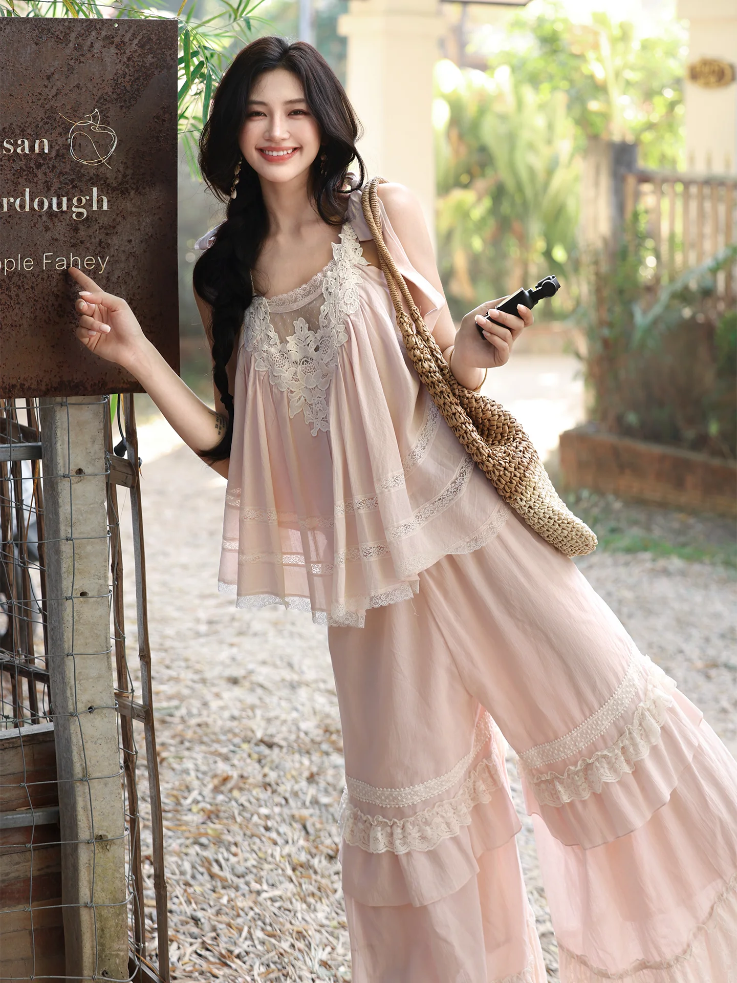 

Slimming High Waist Lace Patchwork Wide Leg Pants Belted Tie Strap Summer Skirt Pants Cotton Blend Comfortable Loose Fit
