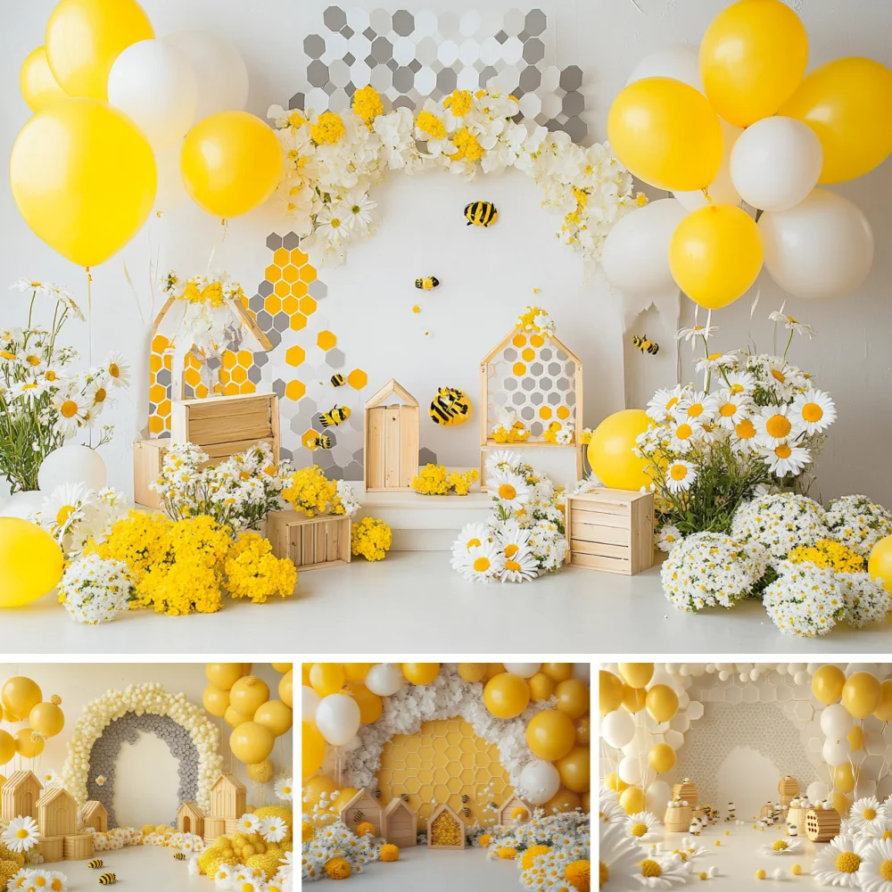 Photography Background Yellow Arch Balloons Honey Jar Decor Birthday Cake Smash Adult Kids Portrait Photo Backdrop Studio