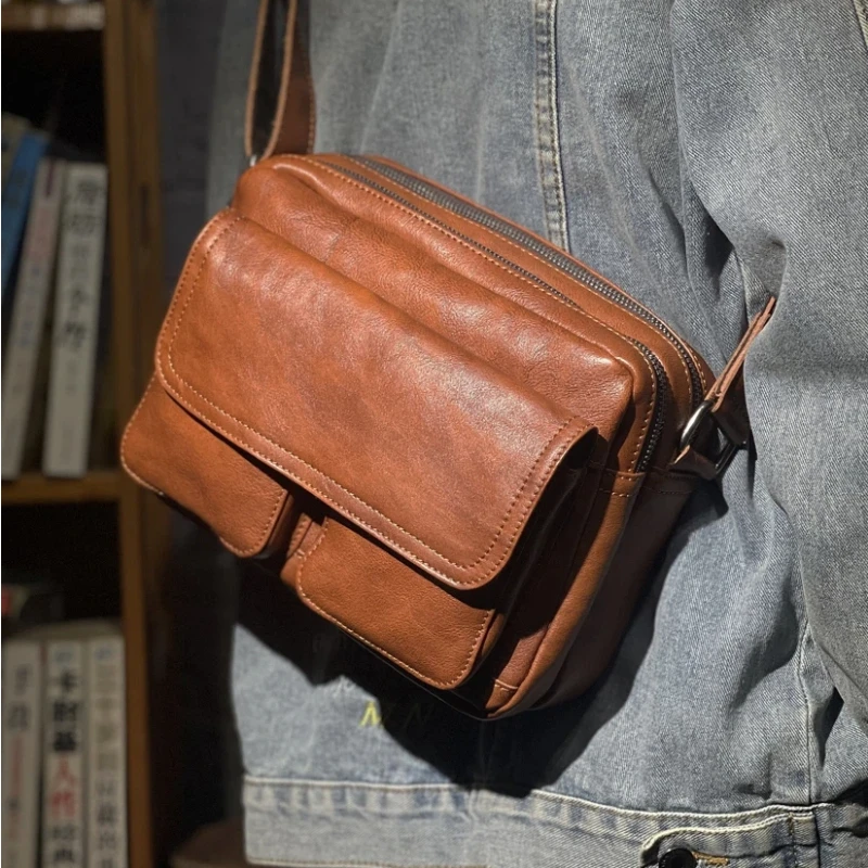 Handmade Vegetable Tanned leather Crossbody Bag Small Bag Men's Horizontal Vintage Shoulder Bag  Leather Casual Messenger Bag