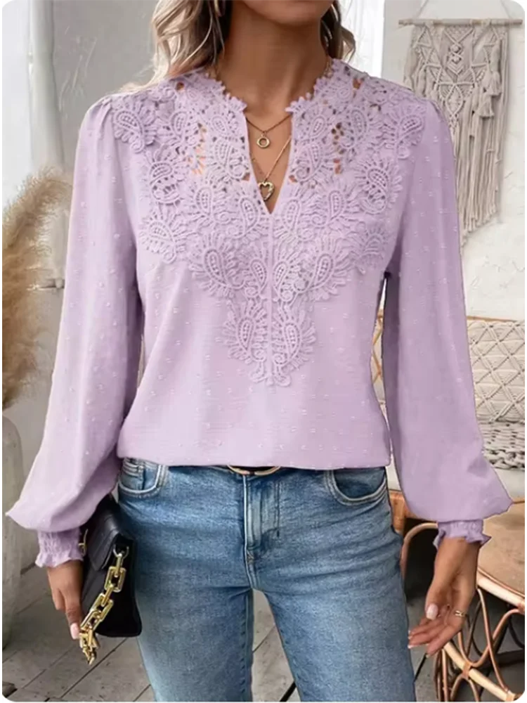 Luxury Solid Color V-Neck Long Sleeved Lace Top Women\'s Hollow T-Shirt Lady Elegant Office Autumn Spring Blouse Clothes