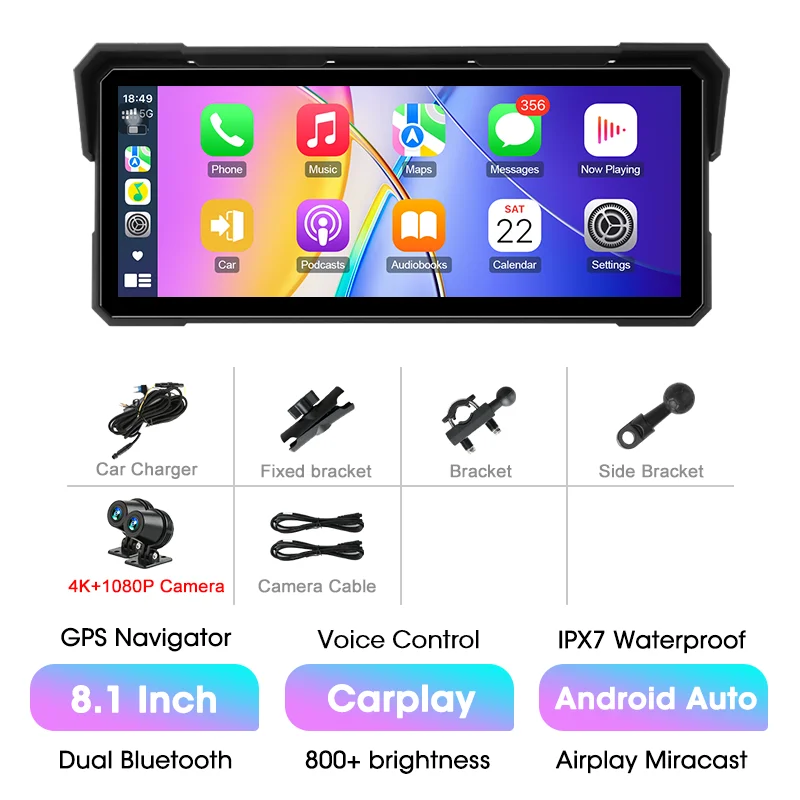 8,1 inch motorfiets waterdichte draadloze Carplay Android Auto 4K 1080P dubbele camera draagbare navigatie GPS-scherm Dual BT