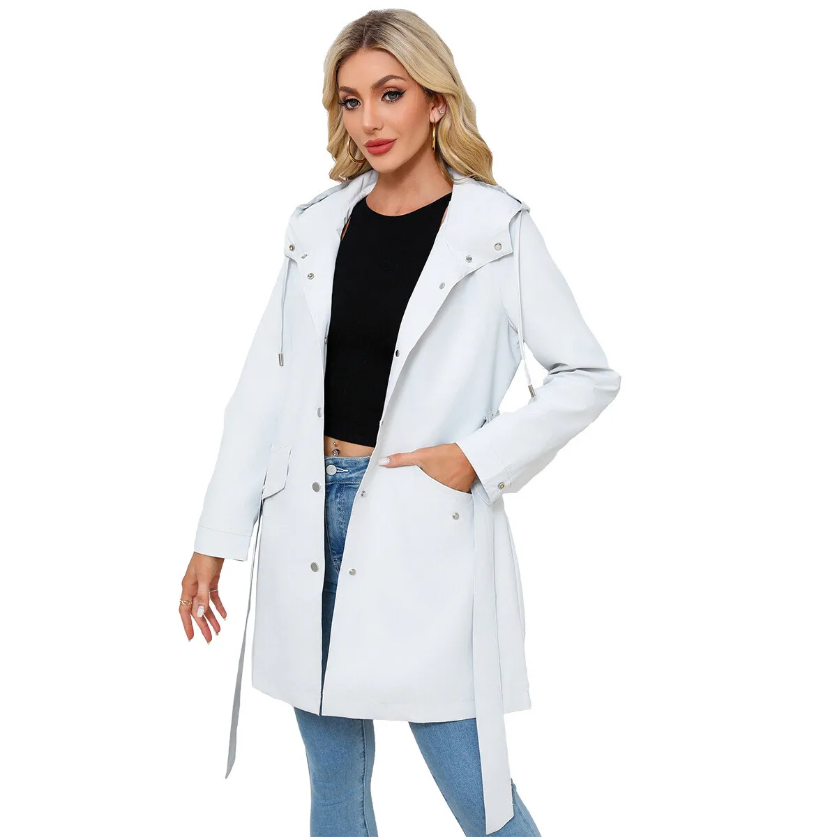 2025 Spring Autumn New Hooded Water-Repellent Jacket With Belt Thin Casual Loose Trench Coat For Women European And American