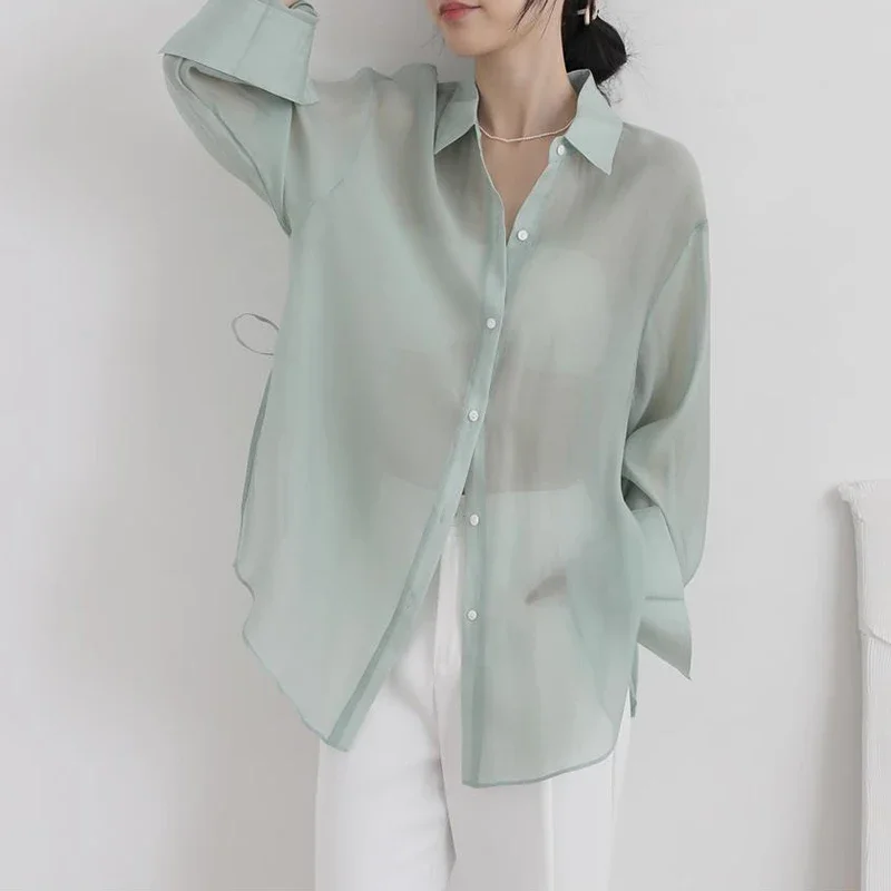 Sexy See Through Elegant Shirt Women Korean Loose Sun Proof Sweet Blouse Summer Thin Long Sleeve Lady Casual Lace Up Design Tops