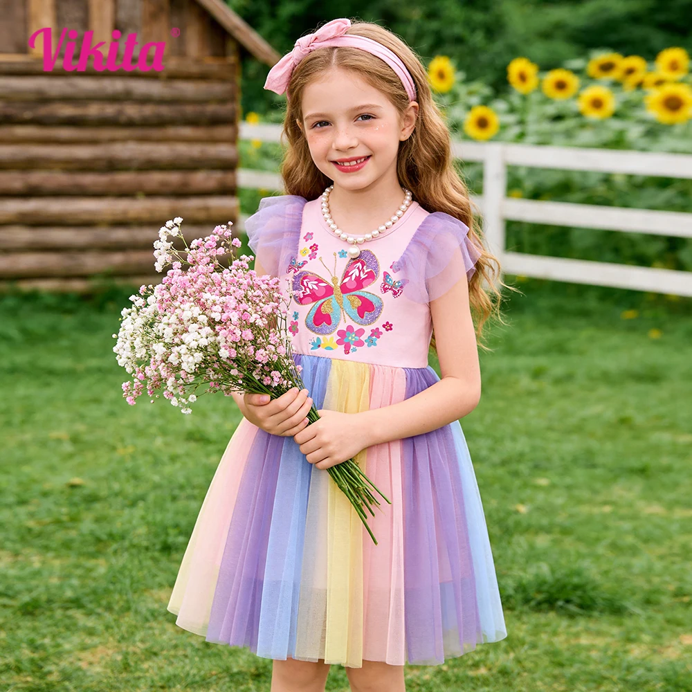 Girls Butterfly Flower Print Rainbow Tulle Dress Kids Flare Sleeve Summer Tulle Dress Kids Colorful Party Holiday Casual Outfit