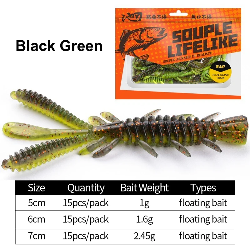 15-teiliges Set Schwimmende Garnelen-Softköder für Drop-Shot-Angeln, Bass, Mandarin-Fisch, Angelwurm-Set, Süßwasser-Angelausrüstung, Sortiertes Set