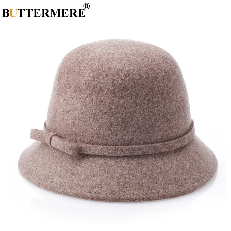 

BUTTERMERE Wool Fedora Hat Women Burgundy Elegant Ladies Felt Hat Bowtie British Style Winter Female Vintage Top Hat Multi Color