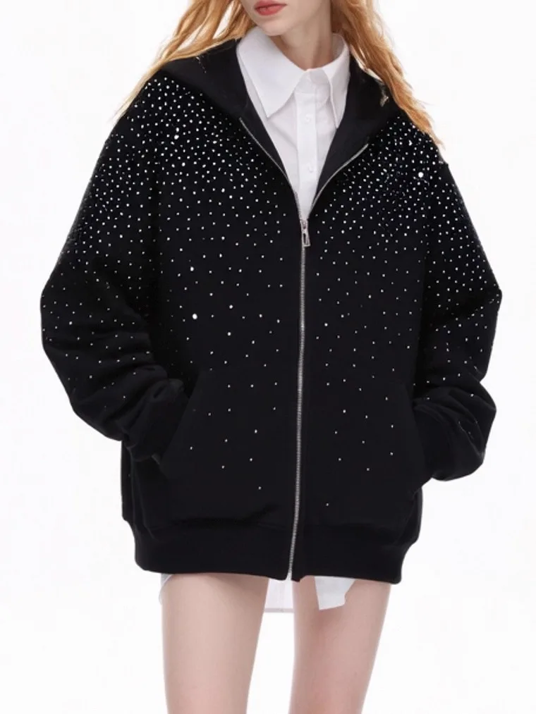 Lazy Style Glittering Zipped Long Sleeve Hoodie Open Cardigan Sweater Women's Loose Fit Fashionable Commute Style Single Piece