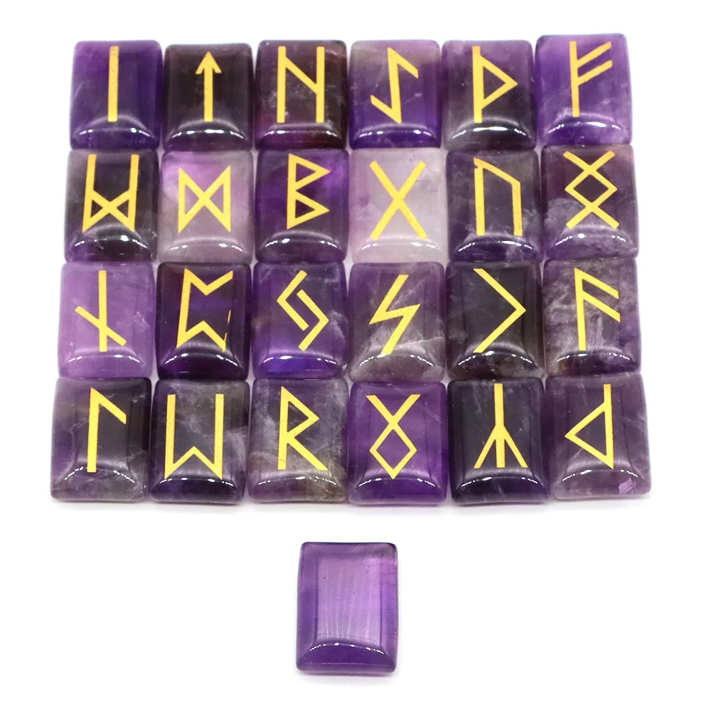 

25pcs/set Natural Stones Rune Energy Reiki Healing Crystal Amethyst For Divination Fortune-telling Rune Engraved Gem Quartz Gift