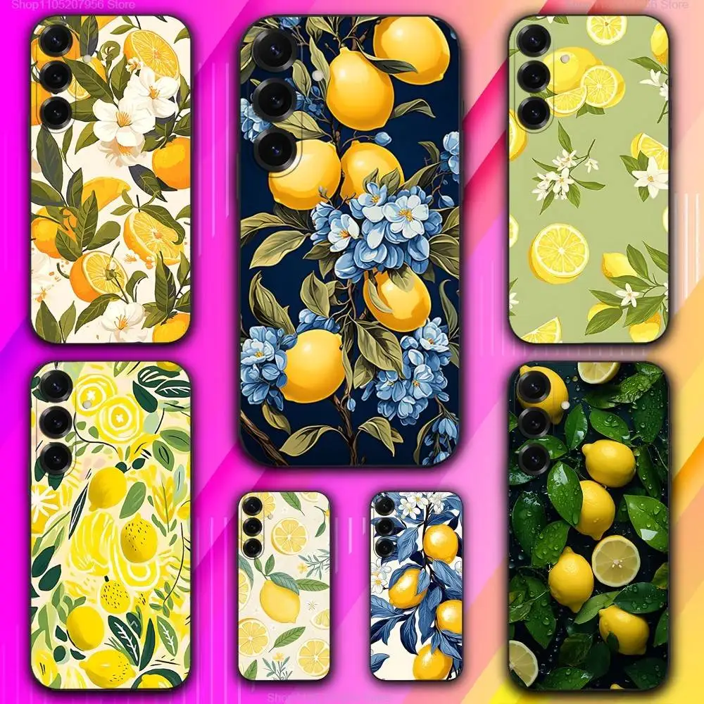 

Flower Leaves Lemon Art Black Phone Case For Samsung A 73,72,71,53,52,51,41,40,30,22,21,13,12,Note 20,10,9 Pro 5G Soft UltraThin
