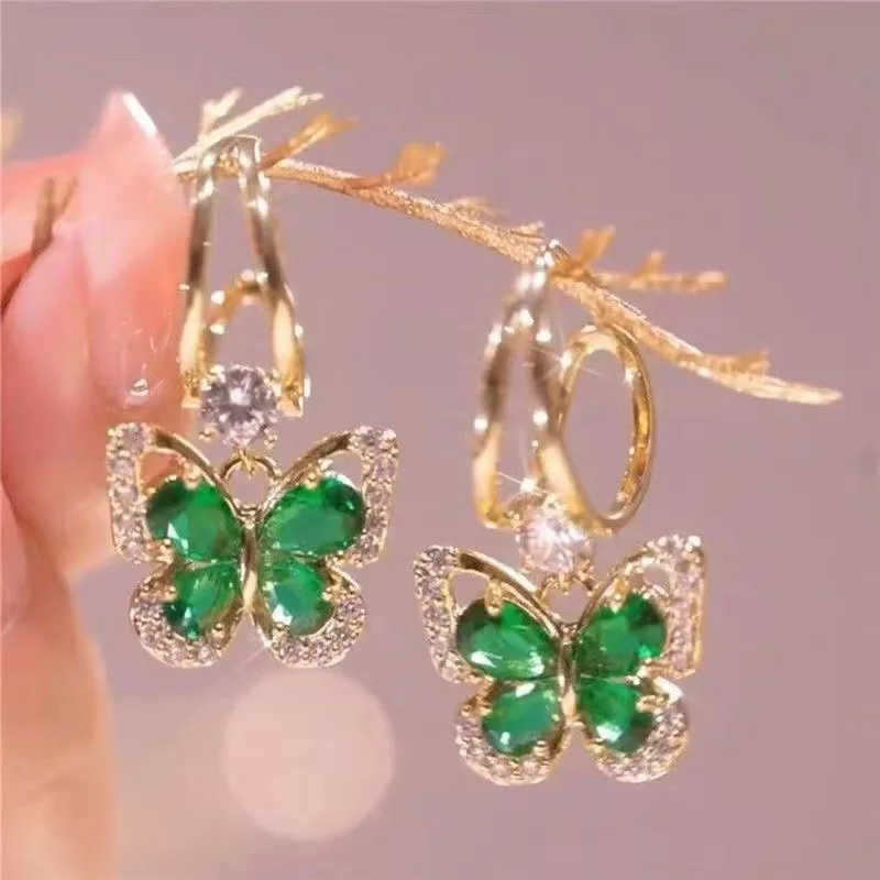 925 Silver Needle Vintage Green Crystal Butterfly Drop Earrings For Women Jewelry 2026 Trending Zircon Women\'s Earrings 2Z40