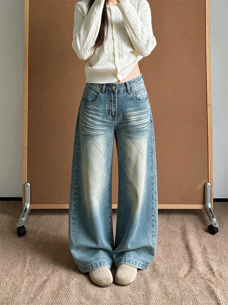 High Waist Wide Leg Vintage Washed Denim Jeans Women's Loose Fit Casual Floor Length Trousers plus Size Comfortable Slimming