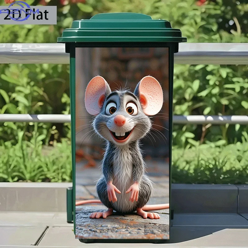 2D Flat Printing 1pc Trash Can Sticker ×inch Grinning Mouse Themed Design Self-Adhesive Kitchen Trash Can Decoration Suitable
