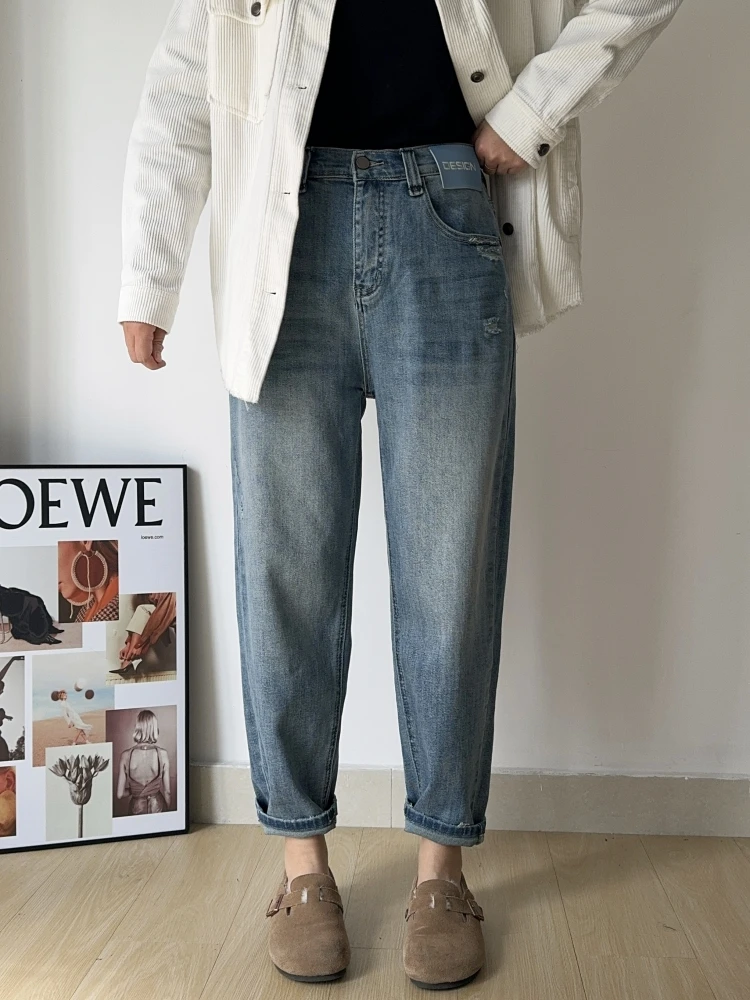 High Waist Harlan Denim Jeans Women's Spring Nine Points Elastic Casual Versatile plus Size Light Blue Cabbage Pants