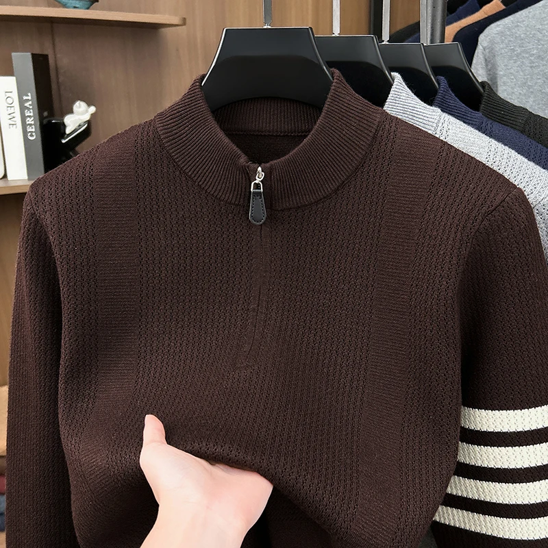 Hochwertiger Herrenpullover Herbst Winter Neuer Reißverschluss Stehkragen Modemarke Klassisches Streifenmuster Koreanischer Casual Jacquard Strickpullover – Detail 12