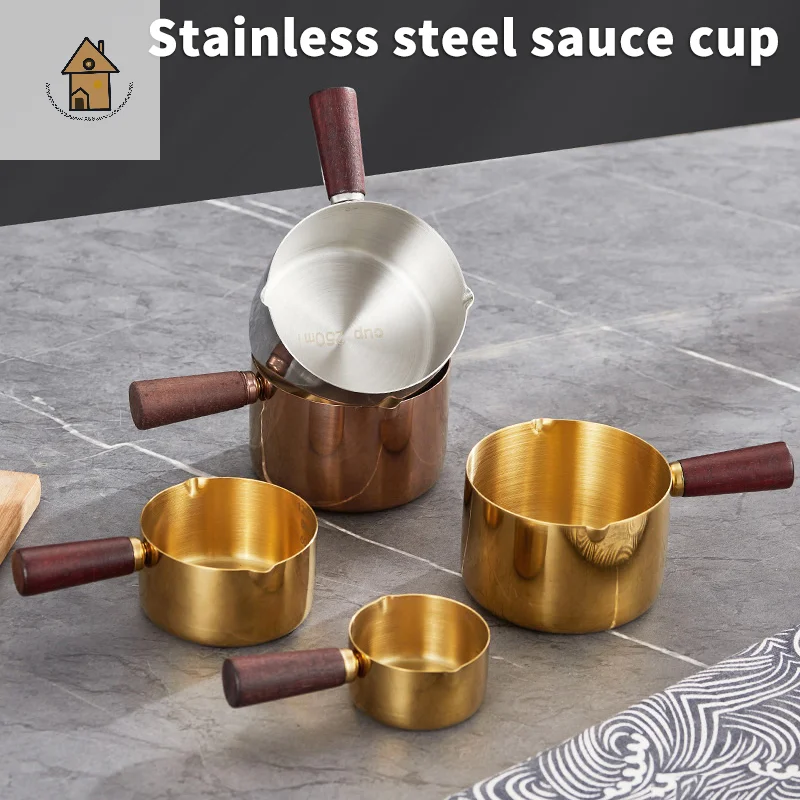 

1Pcs Stainless Steel Sauce Cup Western Sauce Cup Steak Dressing Cup Wooden Handle Tomato Salad Dipping Saucer Kitchen Tool