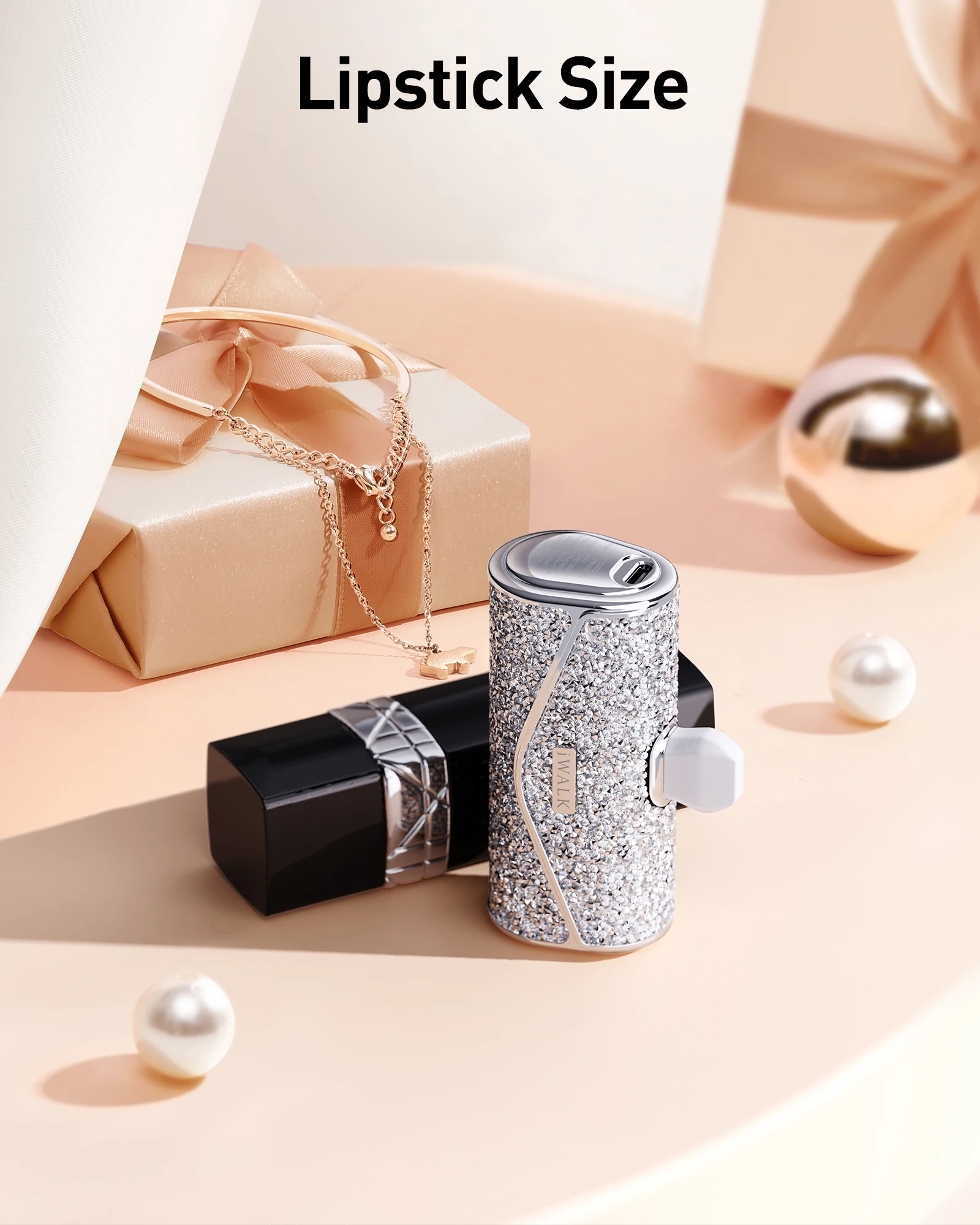 Banco de potência de luxo iWALK |   5000mAh |   Carga Rápida 22,5W |   Tamanho do batom |   Diamante - Design Brilho |   USB - C Construído - em