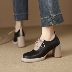 NEW Spring Women Shoes Round Toe High heels Genuine Leather Chunky Heel Women Pumps Lace Up Mixed Color Platform Shoes for Women