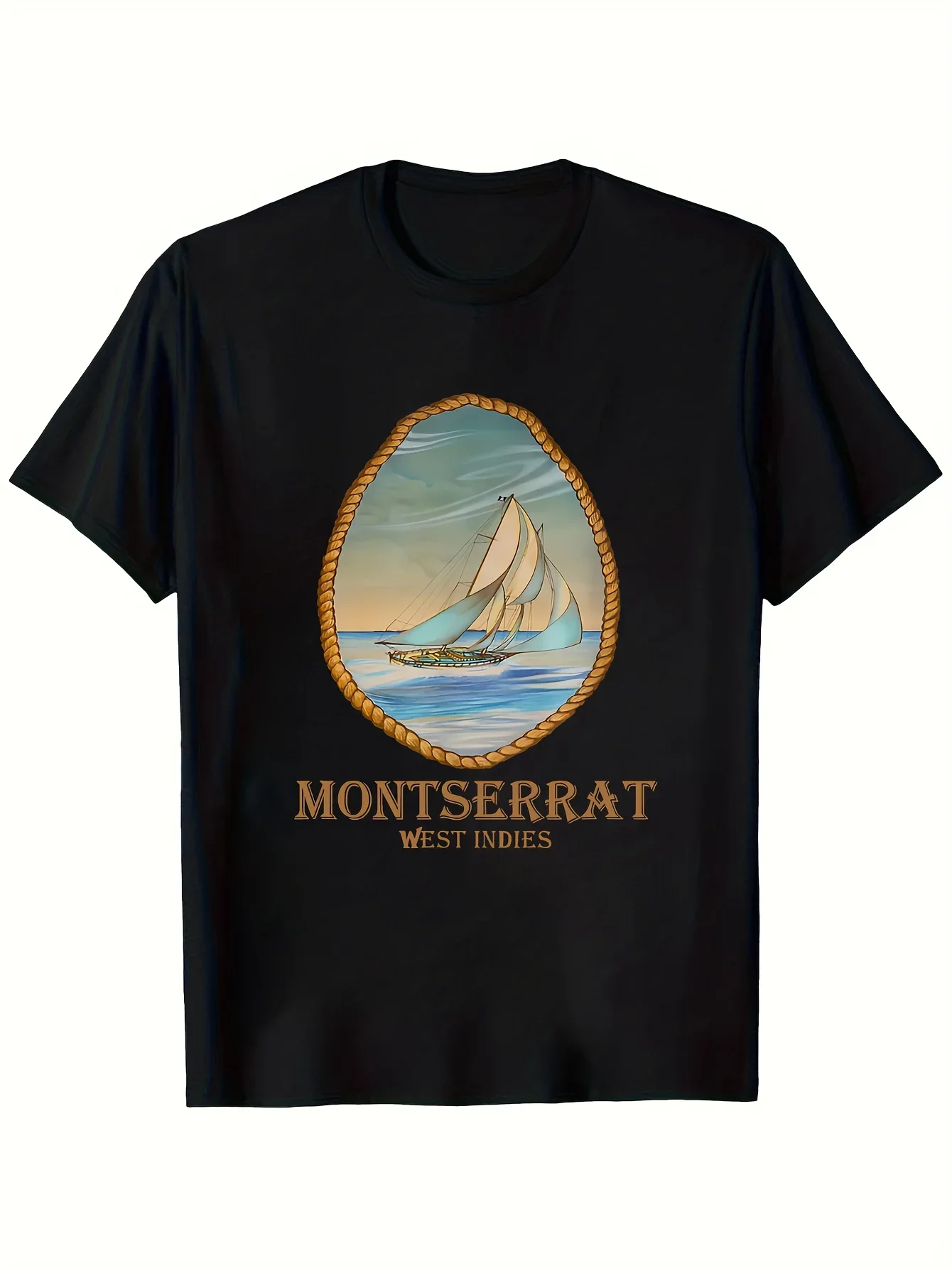 New 1pc Men' Montserrat West Indies Vintage Sailing Ship T-Shirt - Caribbean Nautical Print Round Neck Short Sleeve Casual & Wea