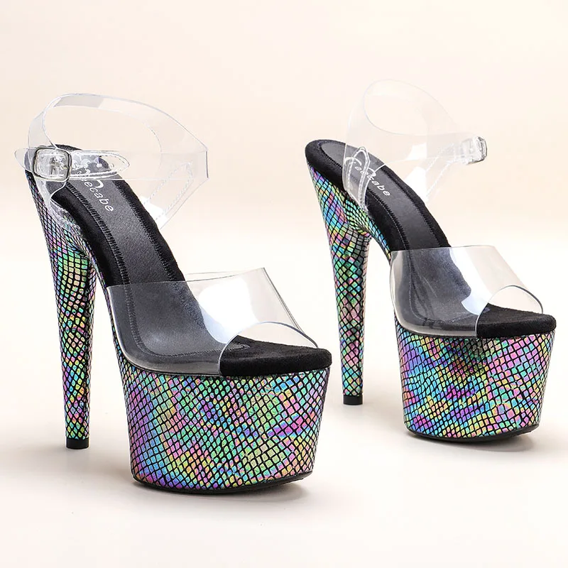 Leecabe New designs 17cm crystal fancy pole dance sandals lady shoe high heel platform pole dancing shoes