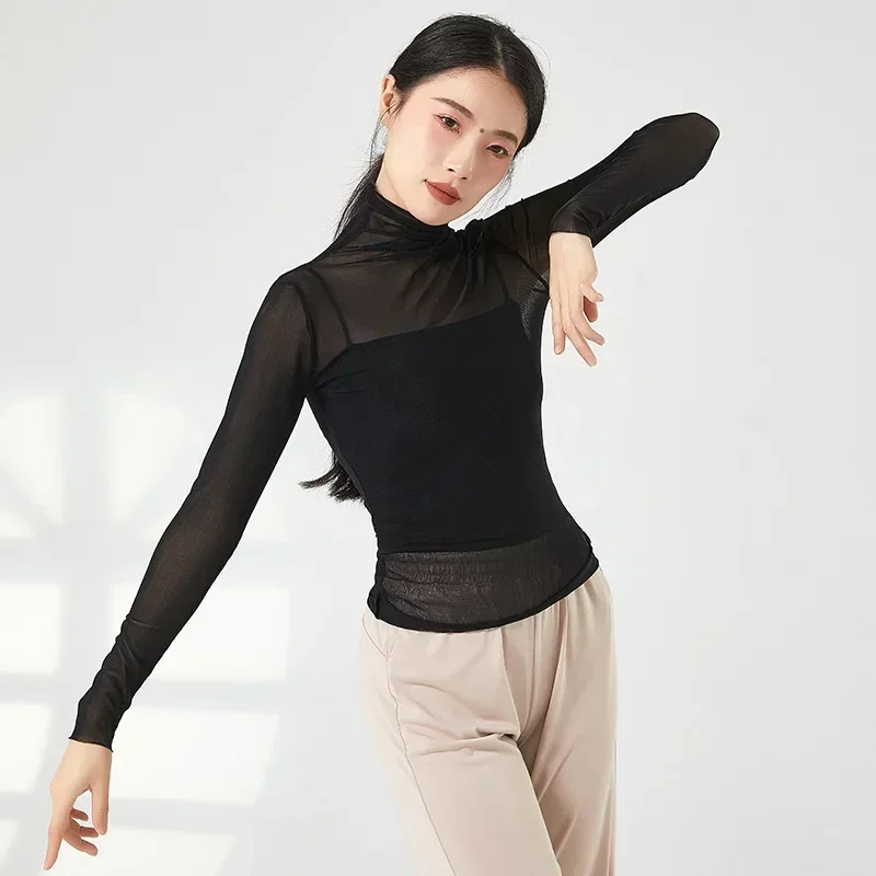 

Adult Sexy Slim Fit Semi Transparent Belly Dance Foldover Turtleneck T Shirt Long Sleeve Top Costume for Women Dancing Clothes