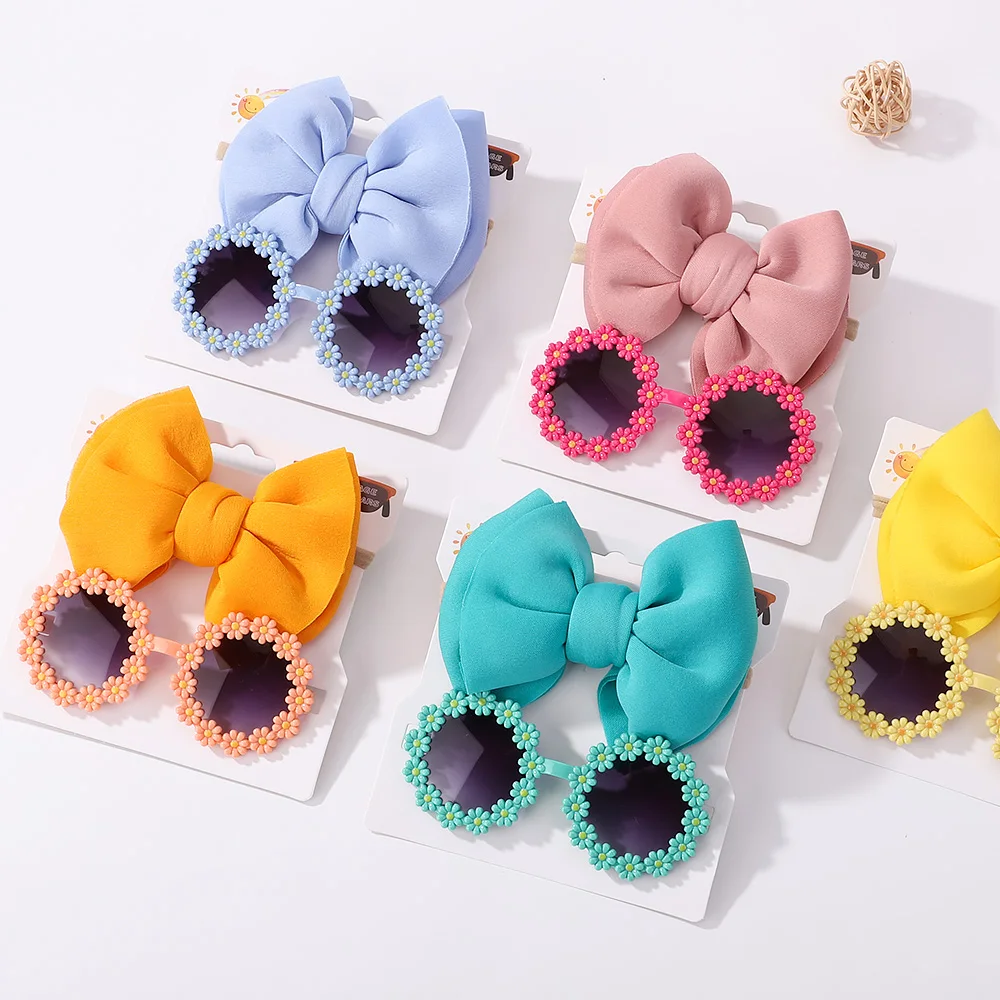 

2Pcs Sunglasses Hair Band Set for Kids Baby UVglasses Elastic Big Bow Nylon Hairties Bohemian Beach Seaside Headband accessories