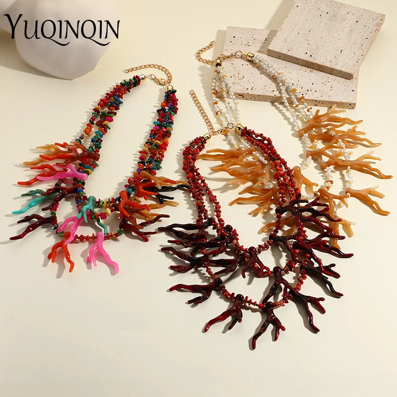 Trend Bohemia Colorful Coral Big Necklaces for Women Vintage Retro Multilayer Beaded Chain Choker Necklace Party Fashion Jewelry