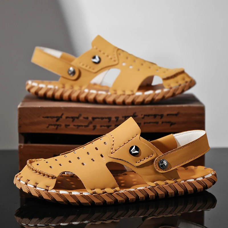 Breathable Slip-On Sandals Men's Summer Trendy Beach Shoes Casual Leather Upgraded Version Comfortable All-Match Outdoor Sandals