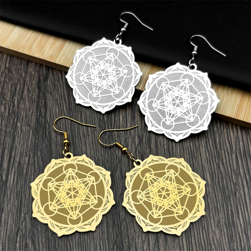 

Large Archangel Metatron Cube Geometry Lotus Flower Dangle Earrings for Women Men Gold Color Stainless Steel Drop Earring3004