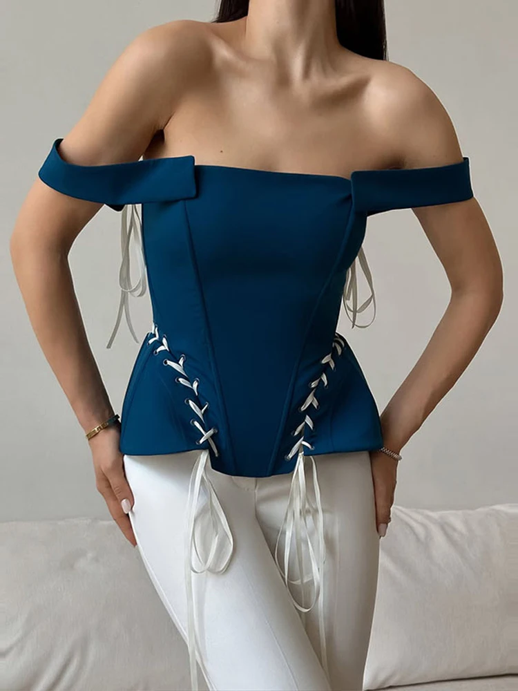 Schulterfreie, taillierte Schnür-Korsett-Tops für Damen, sexy, ärmellos, rückenfrei, getäfeltes, schmales Oberteil, schicke Damenkleidung – Detail 1