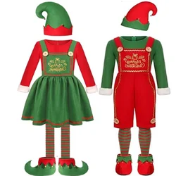 4Pcs Christmas Green Elf Costume For Adult New Year Santa Claus Red Green Felt Material Fancy Dress Clothes Set 2024 Cosplay