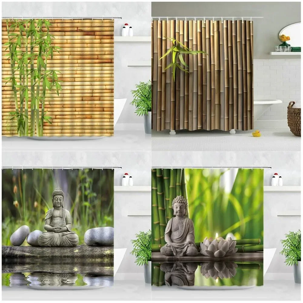 Zen Green Bamboo Shower Curtains Stone Buddha Lotus Candle Asian Japanese Spa Garden Scenery Bath Curtain Fabric Bathroom Decor