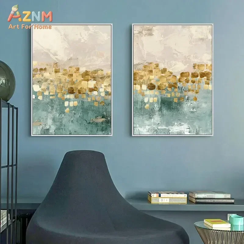 AZNM Abstract Green Gold Foil Canvas Wall Art Textured Impasto Oil Painting Print Modern Minimalist Living Room Home Decor Poste