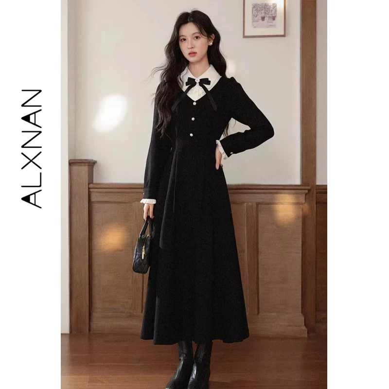 

ALXNAN Black Dress Autumn Winter Bow Fake Two-piece Waist-cinched Dress Fashionable Formal Elegance Long-sleeve Dress L58656