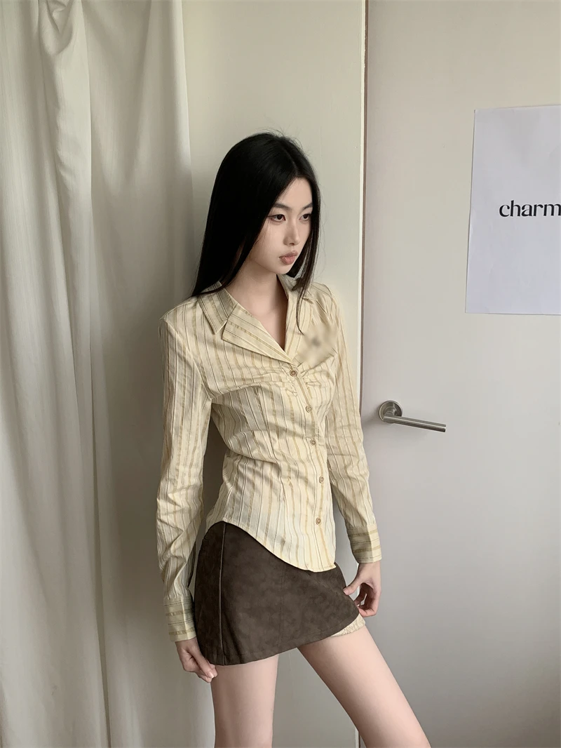 

CHEERART Preppy Style Lapel Striped Long Sleeve Button Up Shirt Blue Yellow Tunic Shirt Blouse Office Outfit Women Clothes