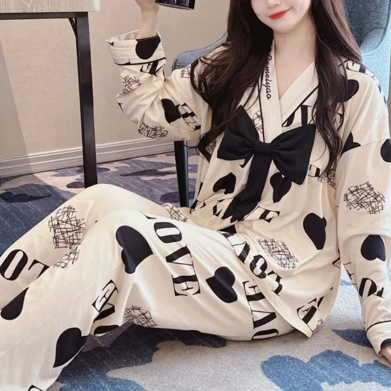 Pajama Women New 2024 Spring Autumn Princess Style Sleepwear Sweet Bow Loose Homewear Plus Size 150kg V-neck Pullover Loungewear