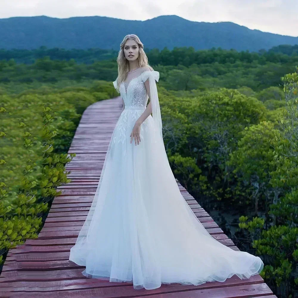 

Customized Classic Sparkle Modern Style Net Beading Applique Bow A-line V-neck Long Dresses Prom Dresses Fashion Exquisite Simpl