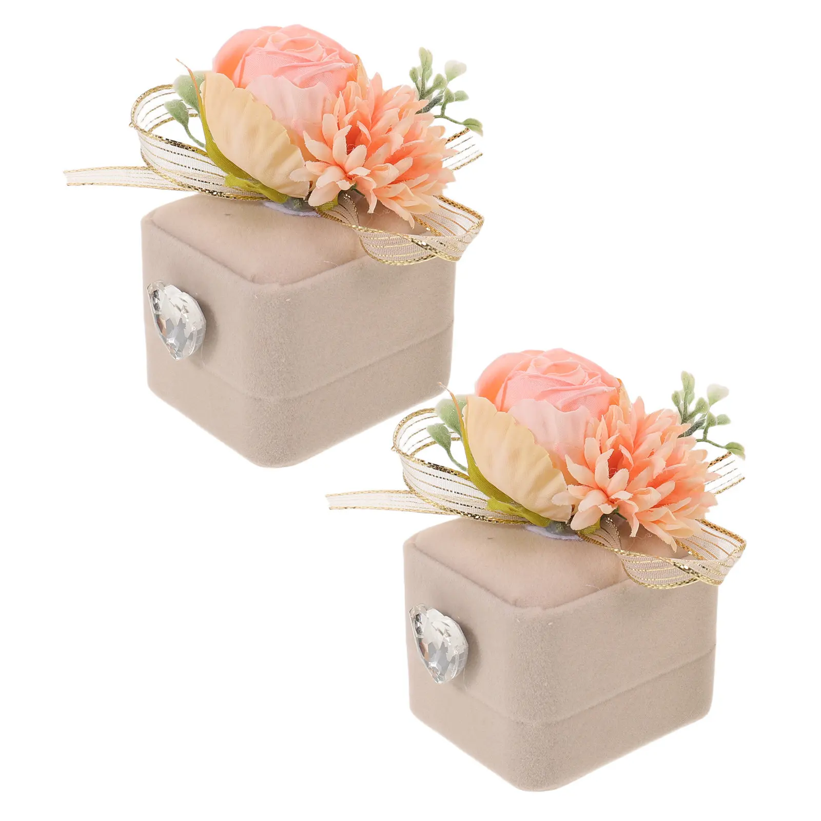 2Pcs Heart Rhinestone Wedding Ring Box Grey Artificial Flower Compact Display Case Engagement Proposal Anniversary Gift Holder