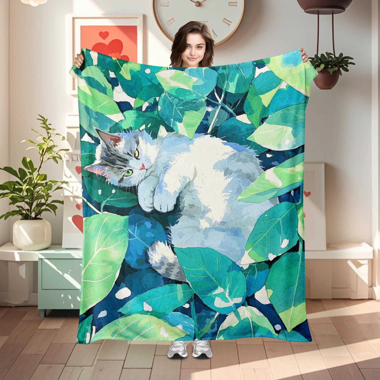 Exquisite Watercolor Cat In Leafy Setting Blanket For Family Showcases Peaceful Feline Moments