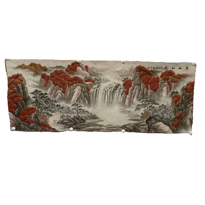 Chinese Old Color Brocade Embroidery Artwork Landscape Painting 'Red Mountains Everywhere' Decorative Home Decor Piece