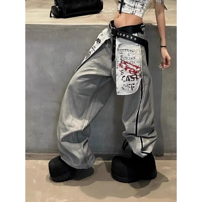 American Retro Design Sense Old-fashioned Large Pocket Printed Jeans for Women Casual Loose Wide-leg Trousers